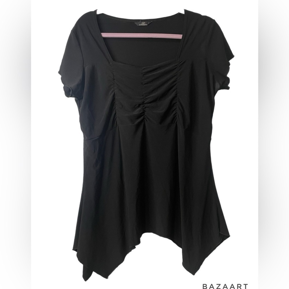 Dynamite brand black top with gathered center panels and shark bite hem. Y